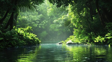 Fototapeta premium A vibrant mangrove forest with calm, reflective water and dense green foliage in a tropical environment.