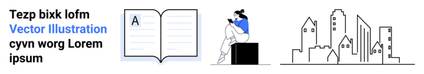 Open book with text, person reading while sitting on a block, and outlined cityscape buildings. Ideal for education, urban life, reading, literature, city planning, modern living architectural