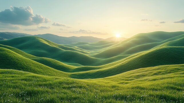 Sunset over rolling green hills, wildflowers.