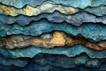 Layered teal, gold slate rock texture background, geological formation, nature backdrop, design element.