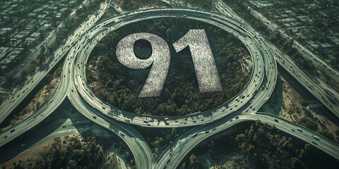 Aerial view of interstate highways forming the shape of the number 91, roads crisscrossing in intricate lines, with a surreal abstract digital touch, blending landscape and logo elements.