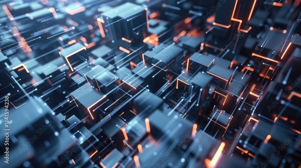 Poster a digital landscape of interconnected cubes with glowing edges, representing technology and data.