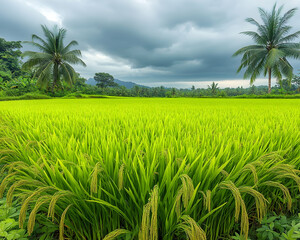 Lush Green Rice Paddy Field Under Stormy Sky, Tropical Landscape, Southeast Asia, Agriculture.