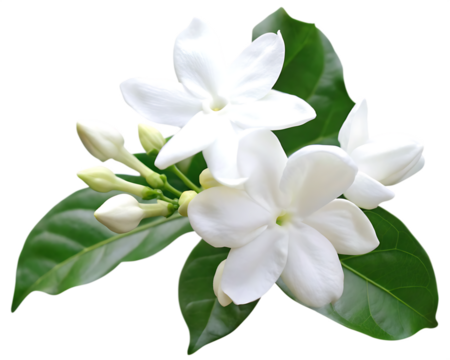  white jasmine flower with green leaves isolated on  white background PNG.AI GENERATED
