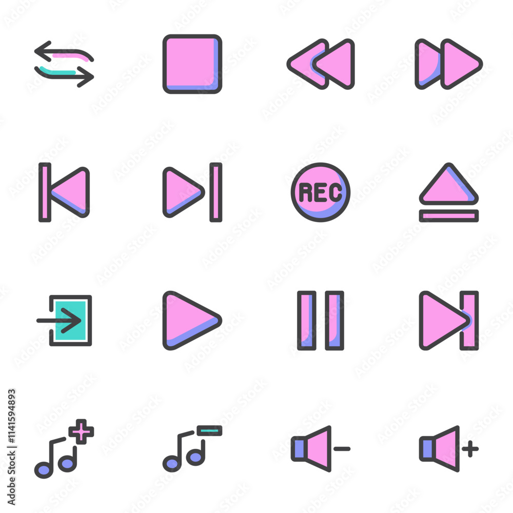 Poster media player buttons filled outline icons set