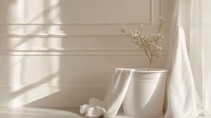 Aesthetic arrangement of a white bucket with a soft towel, styled in a serene, minimalist interior.