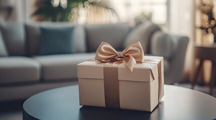 Aesthetic composition of a stylish gift box with a satin bow on a minimalist table in a cozy, modern interior. -