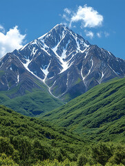 Majestic snow-capped mountain peak, lush green valley, sunny sky, travel poster, nature background.