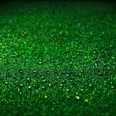 Fototapeta premium The image depicts a close-up view of a textured, green surface with numerous small droplets of water, giving it a sparkling and reflective appearance. The droplets are evenly distributed across the su