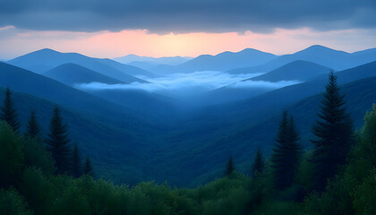 Fototapeta premium Majestic Sunrise over Misty Appalachian Mountains; Scenic Vista; Travel Brochure.