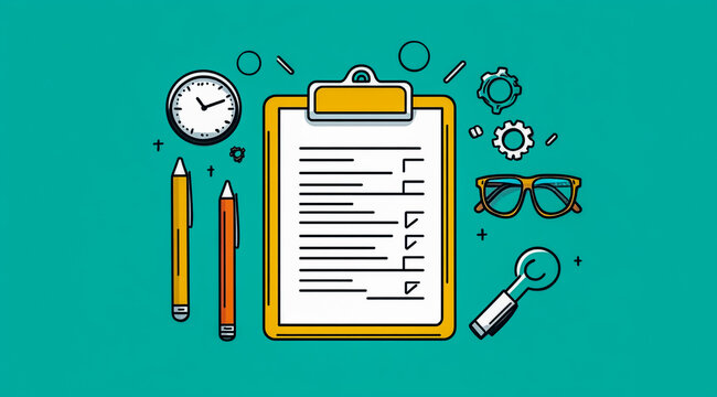 Flat design illustration of time management, top view with a clipboard and work tools on a teal background.