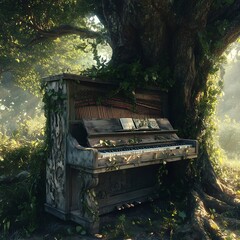 Forgotten Piano Abandoned in Overgrown Forest Enveloped by Nature s Embrace