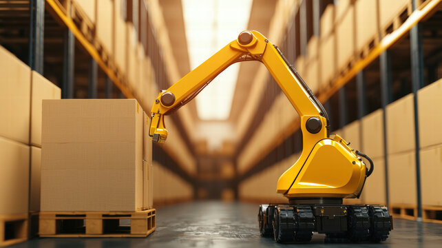 A robotic arm positions a cardboard box on a pallet within a warehouse, showcasing automation in storage and logistics.