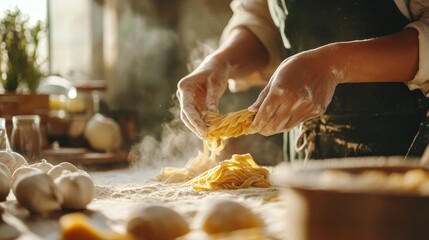 Closeup of woman preparing fresh homemade pasta in traditional italian culinary style