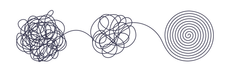 Chaos and order business concept flat style design vector illustration isolated on white background. Tangled disorder turns into spiral order line, find solution. Coaching, mentoring or psychotherapy.