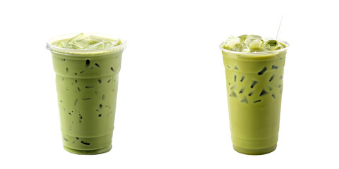 Ice matcha green tea latte in cup isolated on a white background. Generative AI.