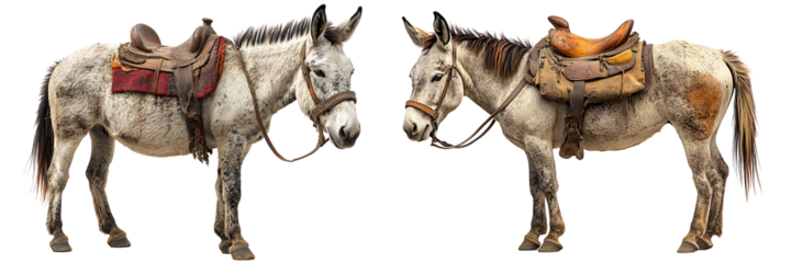 Set of a donkey with a colorful saddle, isolated on a transparent background.