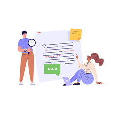Editing document with text. Correcting grammar mistake with red marker. Teacher fix page text errors. Concept of text editing, grammar edit, correcting mistake. Vector flat cartoon illustration