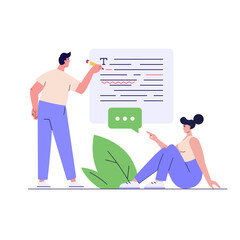 Editing document with text. Correcting grammar mistake with red marker. Teacher fix page text errors. Concept of text editing, grammar edit, correcting mistake. Vector flat cartoon illustration