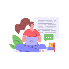 Editing document with text. Correcting grammar mistake with red marker. Teacher fix page text errors. Concept of text editing, grammar edit, correcting mistake. Vector flat cartoon illustration
