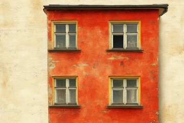 A striking red building facade with four vintage windows framed in yellow, showcasing peeling paint and a rustic charm.