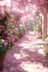 Fototapeta premium Pink blossom pathway, petals falling, sunlit garden, romantic scene, wedding backdrop.