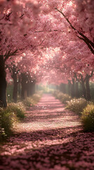 Pink cherry blossom pathway, idyllic spring scene, sunlit, tranquil nature, romantic backdrop, website design.