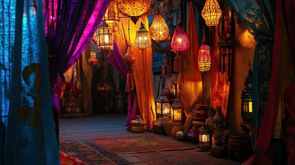 Obraz premium Brightly lit festival scene with colorful drapes, hanging lanterns, and detailed ornaments on display.