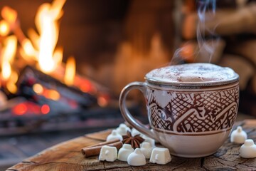 Cozy Winter Scene with Hot Chocolate by the Fireplace, A steaming mug of hot chocolate next to a roaring fireplace