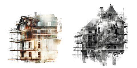 illustration old building construction engineering with double exposure graphic design. Generative AI.