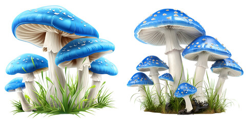 ilustration of group of white blue mushrooms with some grass. Generative AI.