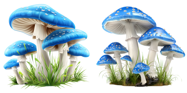 ilustration of group of white blue mushrooms with some grass. Generative AI.