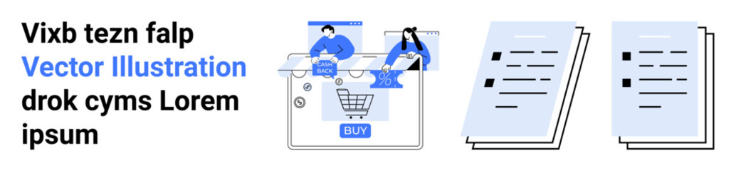 People shopping online, analyzing data on a screen, and documents with checkmarks and bullet points. Ideal for e-commerce, analytics, data management, online education, workflow, digital marketing