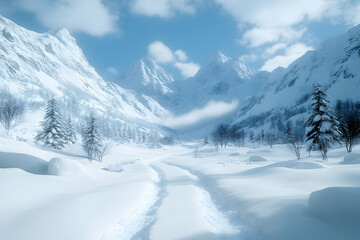 Snow-covered path winding through snowy mountain valley, winter wonderland landscape, travel postcard background.
