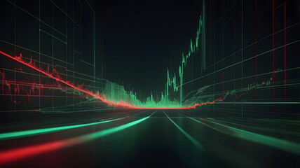 An abstract representation of stock market volatility using red and green candlesticks floating in space, against a black background.