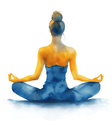 Serene Watercolor Depiction of Woman Meditating in Traditional Yoga Pose on Transparent Background.