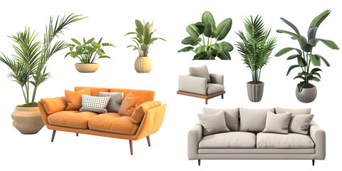 Interior decoration set in 3d rendering. Set of interior furniture in 3d rendering. Generative AI.