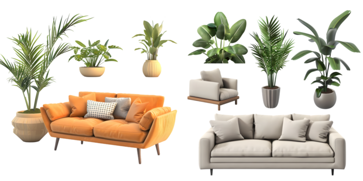 Interior decoration set in 3d rendering. Set of interior furniture in 3d rendering. Generative AI.