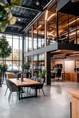 Fototapeta premium Modern Open Plan Office with Glass Walls and Wooden Accents.