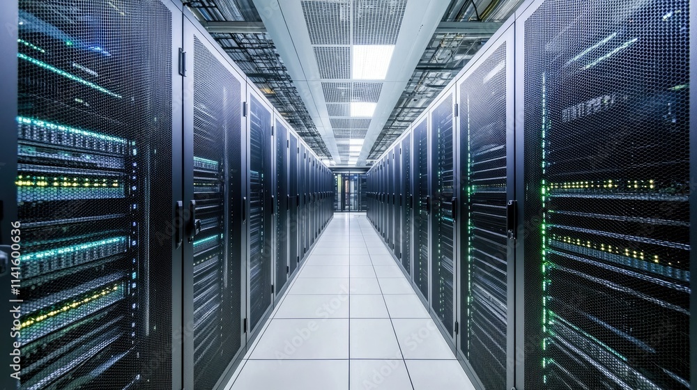 Poster empty aisles of a futuristic server room, emphasizing advanced technology with glowing panels and st