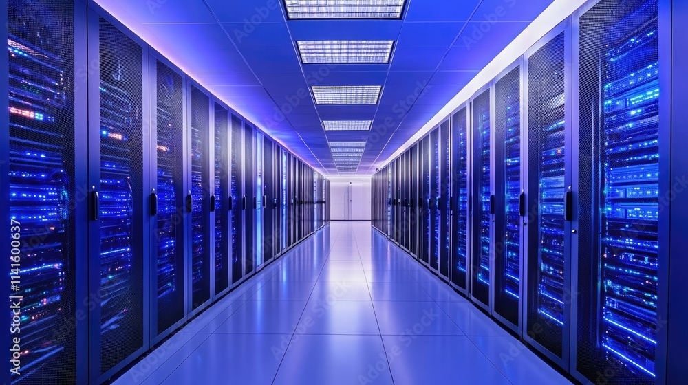 Poster empty aisles of a futuristic server room, emphasizing advanced technology with glowing panels and st