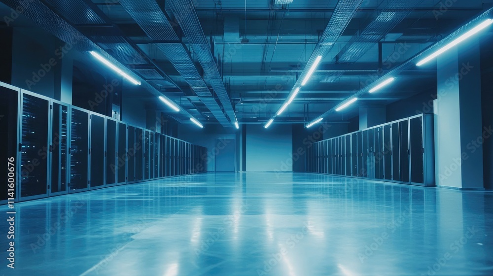 Poster empty data center with polished floors and rows of neatly organized servers under soft blue lighting