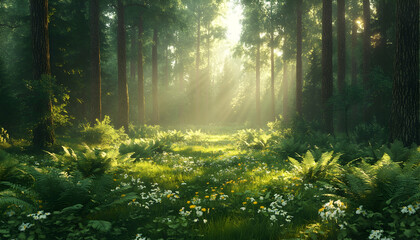 Obraz premium Sunbeams Illuminate Misty Forest Path, Ferns, Flowers, Nature Background, Eco Wallpaper.
