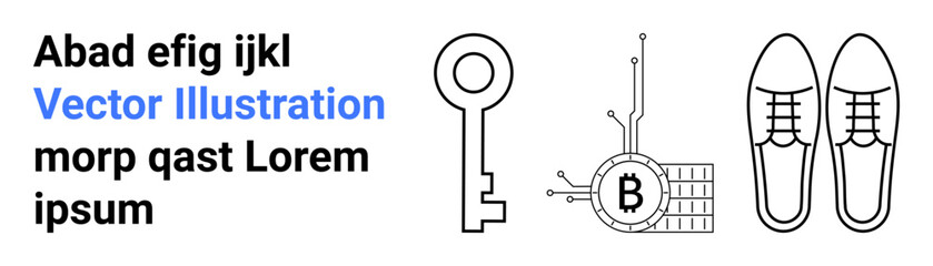 Monochrome key icon, blockchain technology symbol with circuits and Bitcoin, and classic shoes. Ideal for security, technology, cryptocurrency, footwear, e-commerce, finance, marketing. Landing page