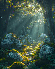 Sunbeams Illuminate Mossy Forest Path, Mystical Nature Scene, Background Serenity, Ideal for Fantasy or Spiritual Use.