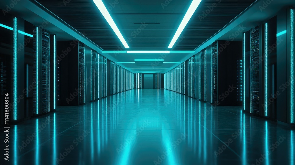 Poster empty data center with polished floors and rows of neatly organized servers under soft blue lighting
