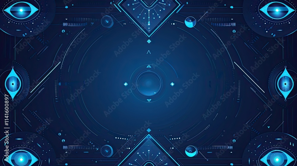 Poster Abstract blue digital background with geometric shapes and patterns.