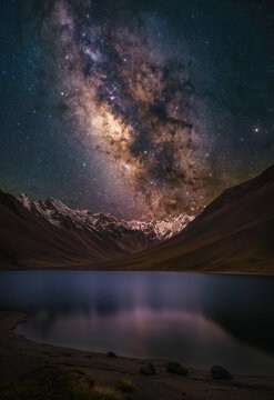 Stunning night view of Chandratal Lake in Spiti Valley, Himachal Pradesh, beneath the Milky Way galaxy core