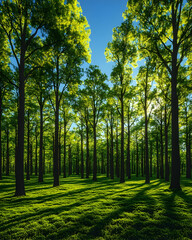 Fototapeta premium Sunlit Deciduous Forest, Lush Green Canopy, Peaceful Nature, Background Sunlight, Eco-Tourism Brochure.