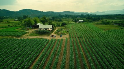 Farmers using mobile technology to analyze crop health data in a lush and thriving agricultural setting.